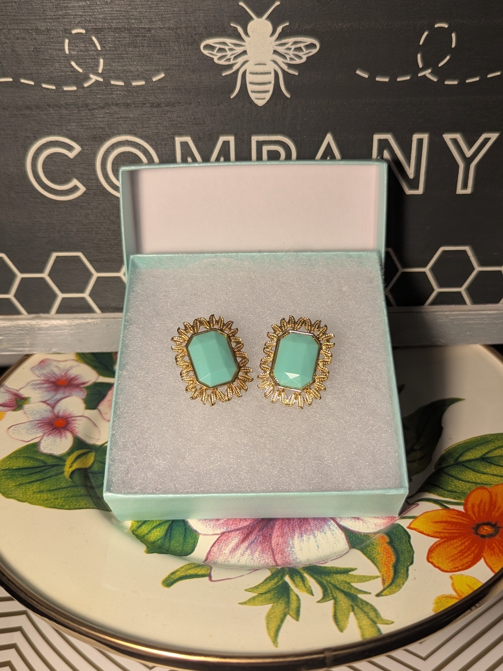 Gold Frame Mint Green Gemstone Stud Earrings
